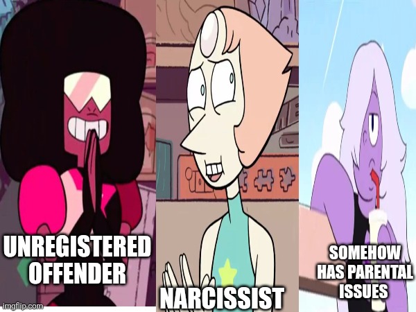 Tell me I'm wrong | Unregistered offender; Narcissist; Somehow has parental issues | image tagged in steven universe | made w/ Imgflip meme maker