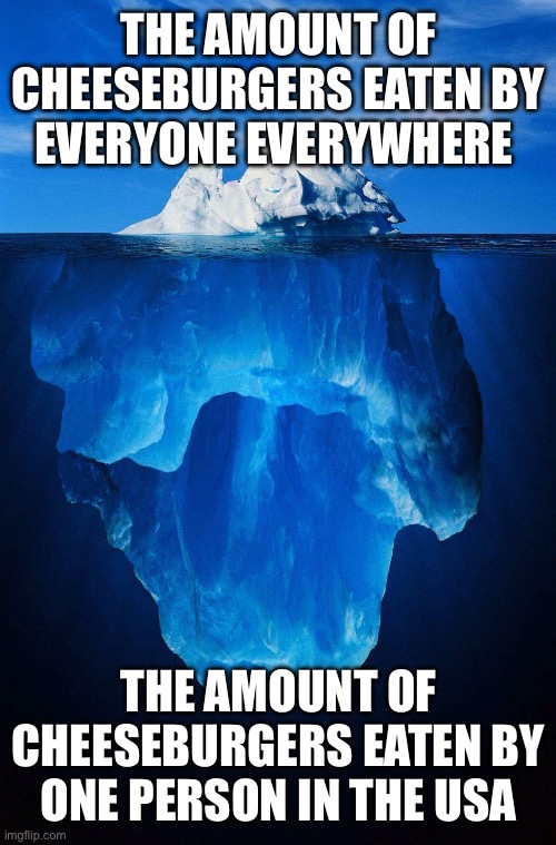 Burger | The amount of cheeseburgers eaten by everyone everywhere; The amount of cheeseburgers eaten by one person in the USA | image tagged in iceberg | made w/ Imgflip meme maker