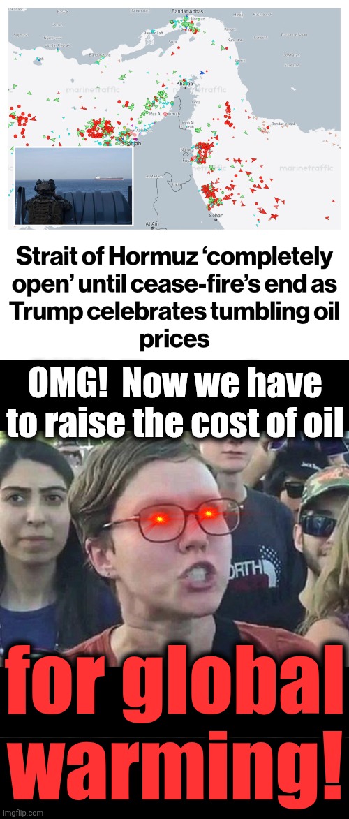 Libs INSTANTLY back to hating cheap oil | OMG!  Now we have
to raise the cost of oil; for global
warming! | image tagged in triggered liberal,memes,oil,trump derangement syndrome,iran,global warming | made w/ Imgflip meme maker
