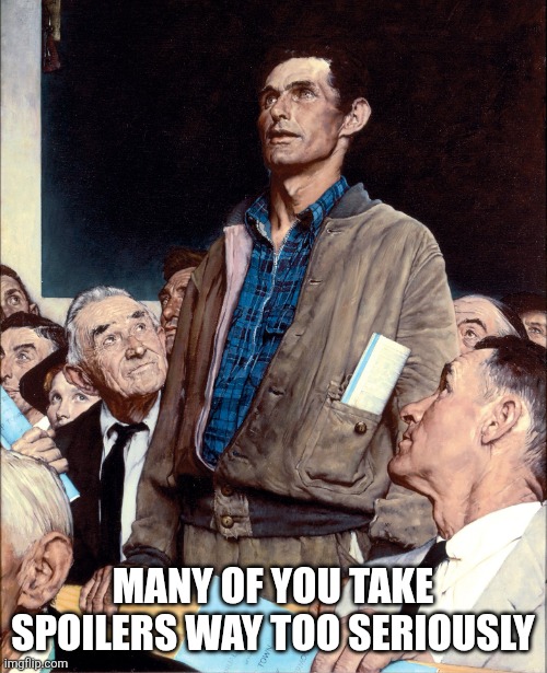 man taking a stand in a town hall meeting | many of you take spoilers way too seriously | image tagged in man taking a stand in a town hall meeting | made w/ Imgflip meme maker
