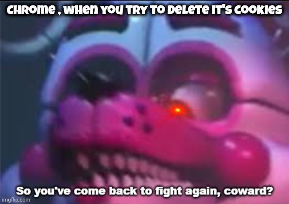 The Struggle is real | Chrome , when you try to delete it's cookies | image tagged in so you 've come back to fight again coward,resistance,we don't do that here,unnecessary tags,unnecessary cookies | made w/ Imgflip meme maker