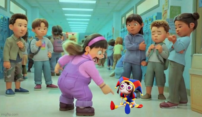 Abby pointing at Pomni. (Wait how did that jester girl got in here?) | image tagged in turning red,the amazing digital circus,tadc,pomni,pointing,funny | made w/ Imgflip meme maker