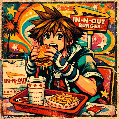 Prompt: Sora from Kingdom Hearts 1 eating In N Out ( I did this for fun ) | image tagged in in n out,kingdom hearts | made w/ Imgflip meme maker