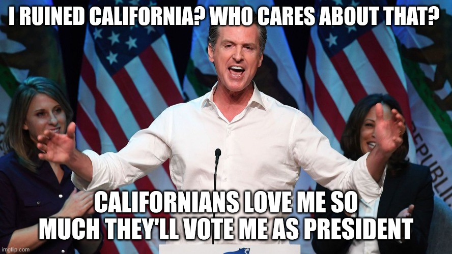 Gavin Newsom | I ruined California? who cares about that? Californians love me so much they'll vote me as president | image tagged in gavin newsom | made w/ Imgflip meme maker