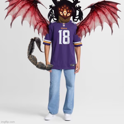 My persona and avatar (Darcy’s helmet, Murdoc’s face, a Vikings jersey, draconic wings, and a scorpion’s tail) | image tagged in avatar,persona,oc,amphibia,gorillaz,minnesota vikings | made w/ Imgflip meme maker