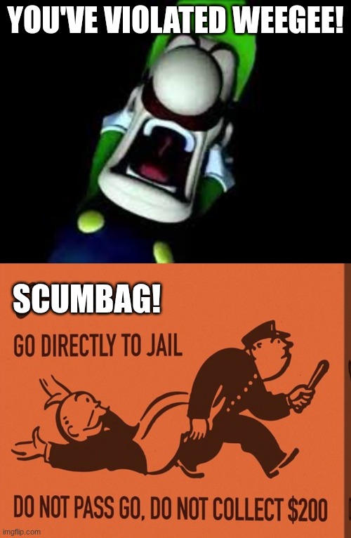 You should be ashamed of yourself | You've violated weegee! Scumbag! | image tagged in luigi screaming,go directly to jail | made w/ Imgflip meme maker