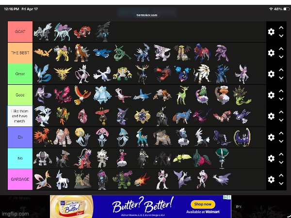 Hi guys! This is my legendary Pokémon tier list so far :) hope you like it :D | image tagged in pokemon,nice | made w/ Imgflip meme maker