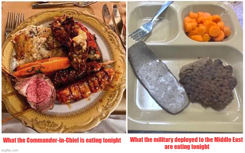 Soldiers fume over pathetic meals for American forces in Trump’s Iran War | What the military deployed to the Middle East 
are eating tonight; What the Commander-in-Chief is eating tonight | image tagged in donald trump,suckers and losers,military,iran war | made w/ Imgflip meme maker
