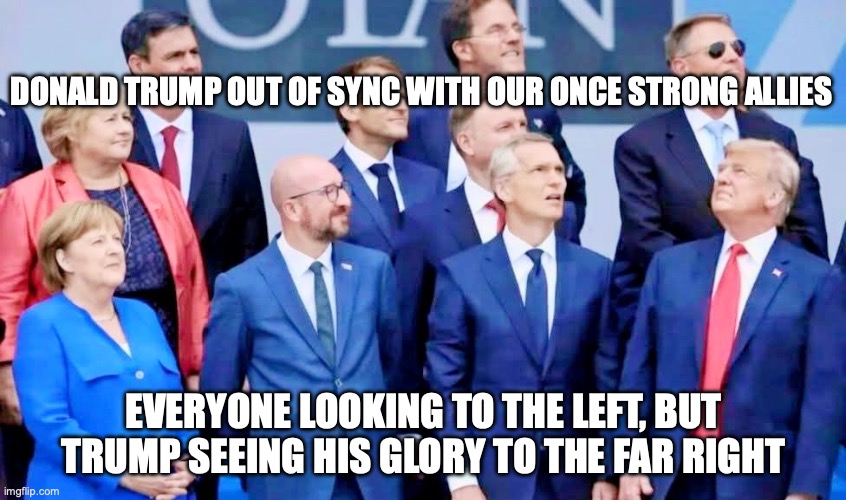 A toxin to America | Donald trump out of sync with our once strong allies; everyone looking to the left, but trump seeing his glory to the far right | image tagged in donald trump vs our old allies,trump unfit unqualified dangerous,impeach trump,fascism,donald trump | made w/ Imgflip meme maker