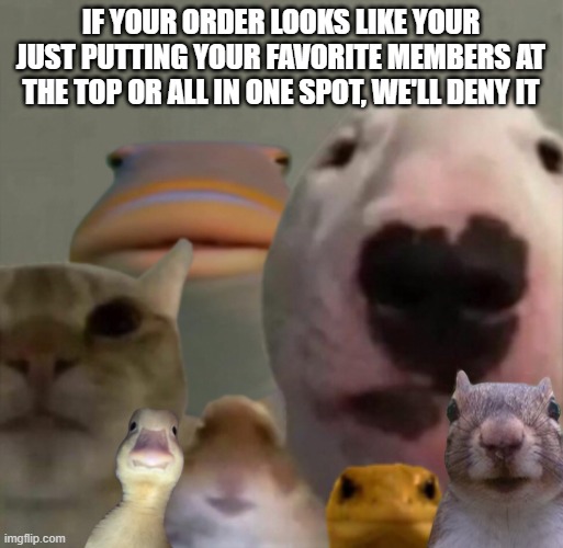If your order looks like your just putting your favorite members at the top or all in one spot, we'll deny it | image tagged in the council remastered | made w/ Imgflip meme maker