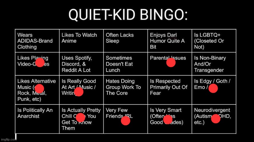 Quiet Kid Bingo | image tagged in quiet kid bingo | made w/ Imgflip meme maker