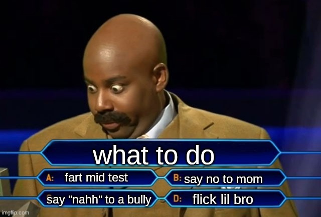 Who wants to be a millionaire? | what to do; fart mid test; say no to mom; flick lil bro; say "nahh" to a bully | image tagged in who wants to be a millionaire | made w/ Imgflip meme maker