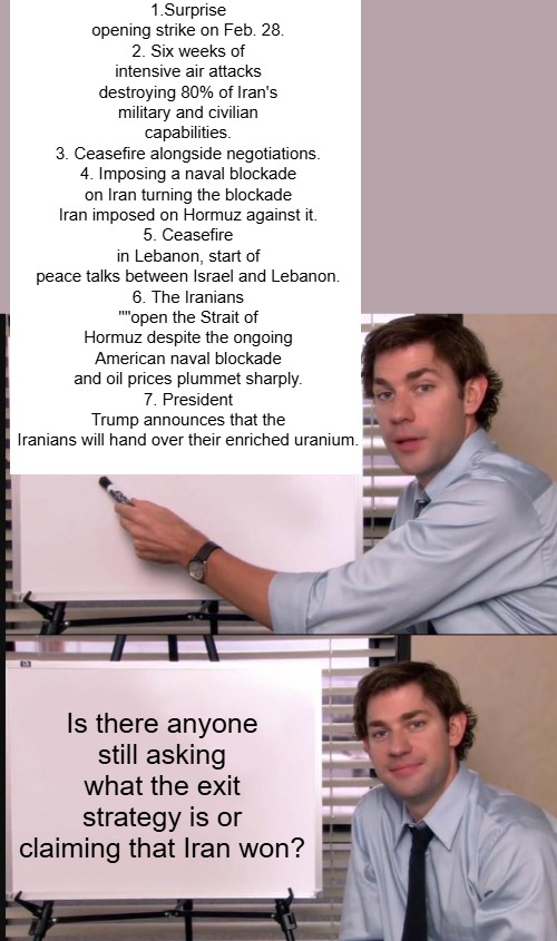 Of course! The Democrats always demand defeat in the face of victory. Can't have no winning, it's supposed to be WWIII | 1.Surprise opening strike on Feb. 28.
2. Six weeks of intensive air attacks destroying 80% of Iran's military and civilian capabilities.
3. Ceasefire alongside negotiations.
4. Imposing a naval blockade on Iran turning the blockade Iran imposed on Hormuz against it.
5. Ceasefire in Lebanon, start of peace talks between Israel and Lebanon.
6. The Iranians ""open the Strait of Hormuz despite the ongoing American naval blockade and oil prices plummet sharply.
7. President Trump announces that the Iranians will hand over their enriched uranium. Is there anyone still asking what the exit strategy is or claiming that Iran won? | image tagged in jim halpert pointing to whiteboard | made w/ Imgflip meme maker