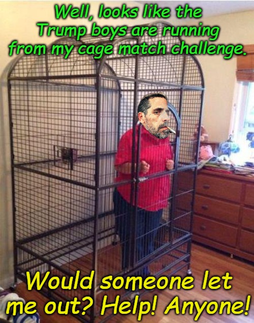Hunter got tired of waiting... Next he'll challenge them to a finger painting competition. | Well, looks like the Trump boys are running from my cage match challenge. Would someone let me out? Help! Anyone! | image tagged in parent violates lockdown | made w/ Imgflip meme maker