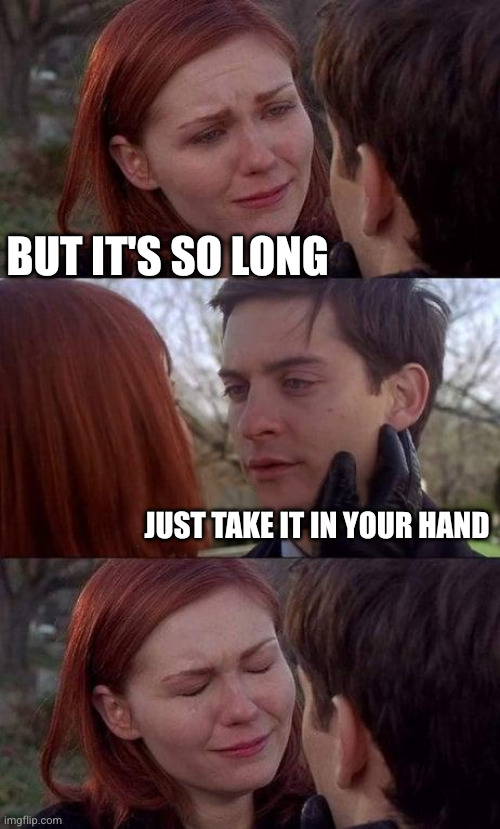 Spiderman Mary Jane Crying | But it's so long Just take it in your hand | image tagged in spiderman mary jane crying | made w/ Imgflip meme maker