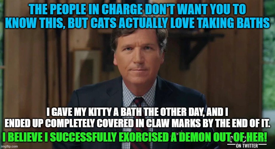 Tucker Carlson be like... | The people in charge don't want you to know this, but cats actually love taking baths; I gave my kitty a bath the other day, and I ended up completely covered in claw marks by the end of it. I believe I successfully exorcised a demon out of her! | image tagged in memes,tucker carlson,cats,bath,demon,kitty | made w/ Imgflip meme maker