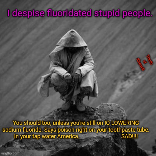 Poison in toothpaste and water. | I despise fluoridated stupid people. Thoth al  Khem©; You should too, unless you're still on IQ LOWERING sodium fluoride. Says poison right on your toothpaste tube. In your tap water America.                              SAD!!!! | image tagged in sodium fluoride is poison,fluoride lowers iq,sodium fluoride industrial waste,colgate kells cockroaches,thoth al khem | made w/ Imgflip meme maker