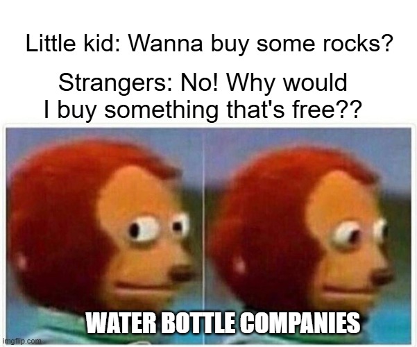 Like, WATER IS FREE. My water is well water so we don't have to pay a water bill. | Little kid: Wanna buy some rocks? Strangers: No! Why would I buy something that's free?? Water bottle companies | image tagged in memes,monkey puppet | made w/ Imgflip meme maker