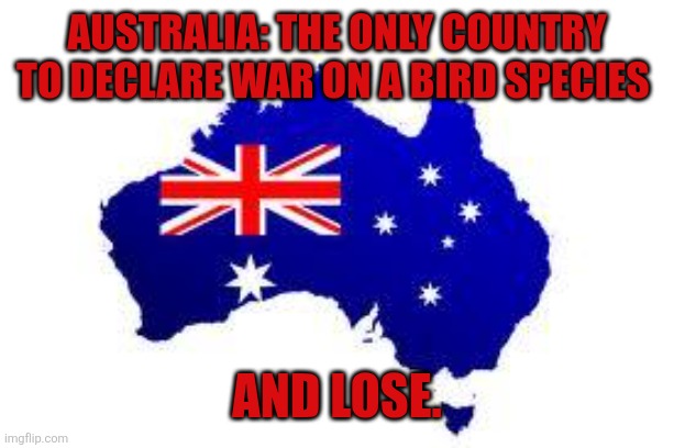 Emu War | Australia: The only country to declare war on a bird species; And lose. | image tagged in australia | made w/ Imgflip meme maker