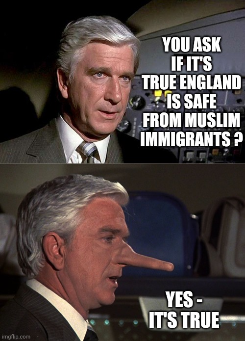 You ask if it's true England is safe from Muslim immigrants ? Yes -
It's true | image tagged in airplane 1,airplane pinocchio | made w/ Imgflip meme maker