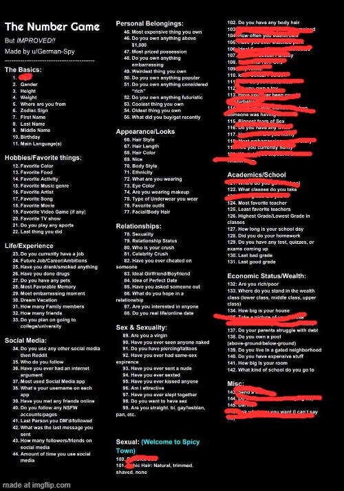 crossed out some due to either freakiness or personal level (btw the fears one in the freaky category is fine) | image tagged in the number game | made w/ Imgflip meme maker