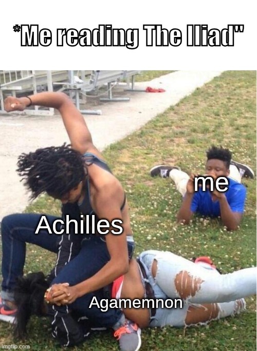 The Iliad meme | *Me reading The Iliad"; me; Achilles; Agamemnon | image tagged in guy recording a fight,the iliad,achilles | made w/ Imgflip meme maker