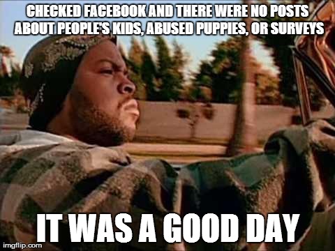 Today Was A Good Day | CHECKED FACEBOOK AND THERE WERE NO POSTS ABOUT PEOPLE'S KIDS, ABUSED PUPPIES, OR SURVEYS IT WAS A GOOD DAY | image tagged in memes,today was a good day | made w/ Imgflip meme maker