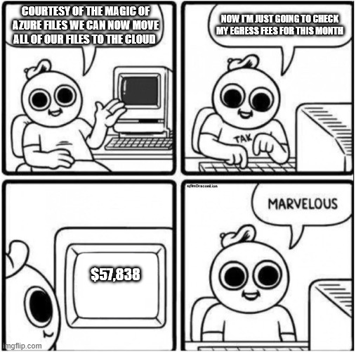 Now I'm just going to check my egress fees for this month; Courtesy of the magic of azure files we can now move all of our files to the cloud; $57,838 | made w/ Imgflip meme maker