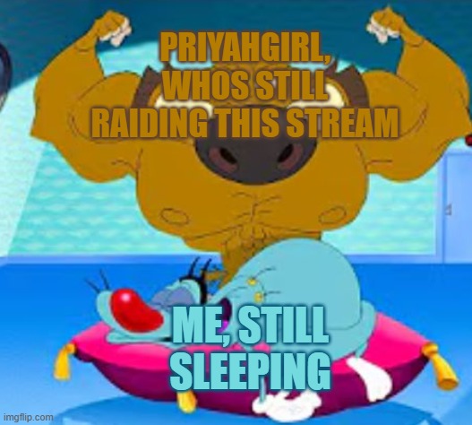 HONK-SHOOOOOO! | PRIYAHGIRL, WHOS STILL RAIDING THIS STREAM; ME, STILL SLEEPING | image tagged in buff zig protecting sleeping oggy | made w/ Imgflip meme maker