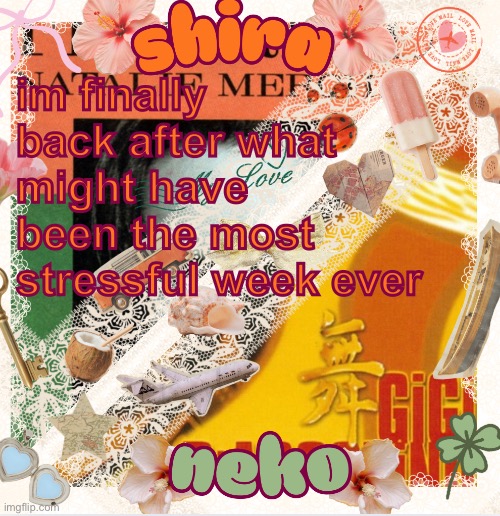 i got a two week vaycay now tho!!! | im finally back after what might have been the most stressful week ever | image tagged in neko and shira shared temp 3 | made w/ Imgflip meme maker