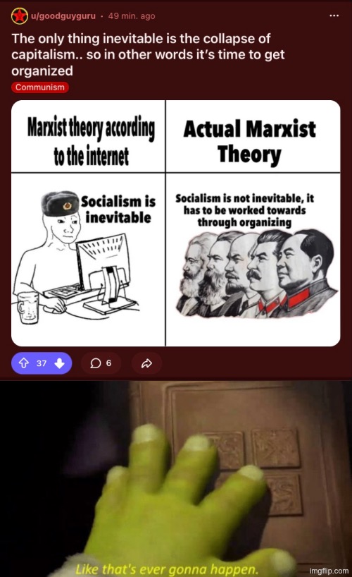 U/goodguyguru, haha, like that’s ever gonna happen that the collapse of capitalism is inevitable r/communismmemes | image tagged in like that's ever gonna happen,communism,communists,reddit,communist,shrek | made w/ Imgflip meme maker