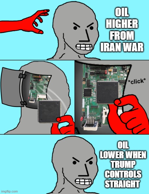 NPC Oil | oil higher from iran war; oil lower when Trump controls straight | image tagged in npc update | made w/ Imgflip meme maker