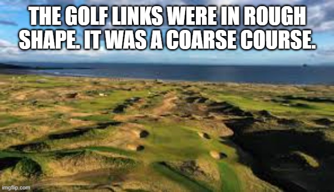 The golf links were in bad shape. It was a coarse course. | The golf links were in rough shape. It was a coarse course. | image tagged in funny,humor,golf,golfing,play on words | made w/ Imgflip meme maker