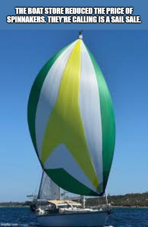 The boat store was having a sale on spinnakers. They're calling it a Sail Sale. | The boat store reduced the price of spinnakers. They're calling is a sail sale. | image tagged in funny,humor,play on words,boats,sailing,funny meme | made w/ Imgflip meme maker