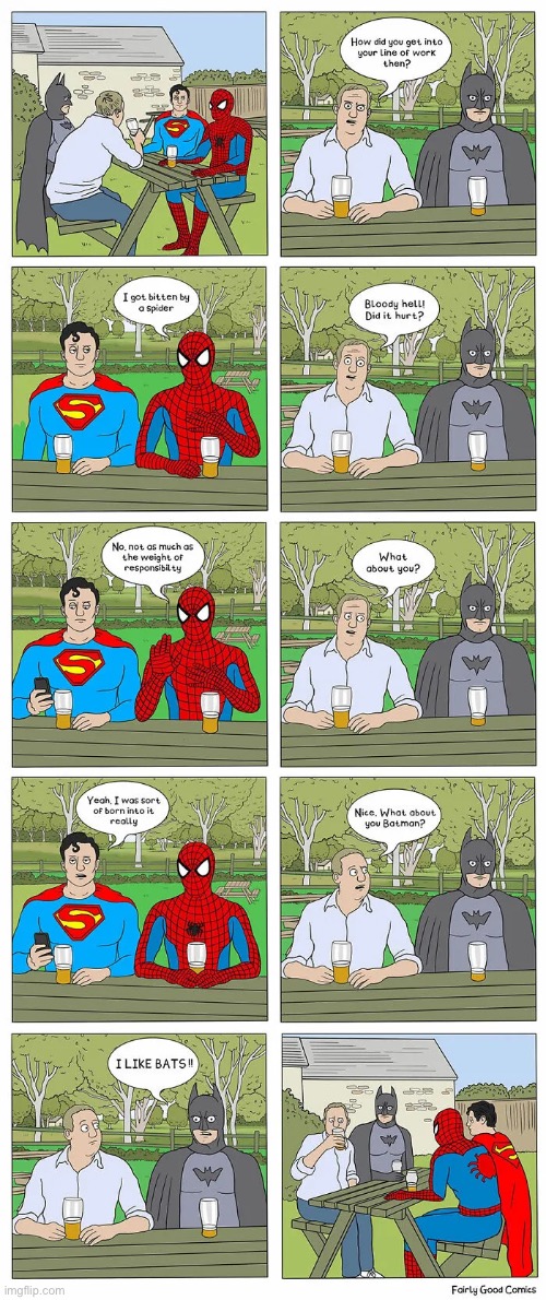 A gathering of heroes | image tagged in comics,fairly good comics,superman batman spiderman,questions,picnic table | made w/ Imgflip meme maker