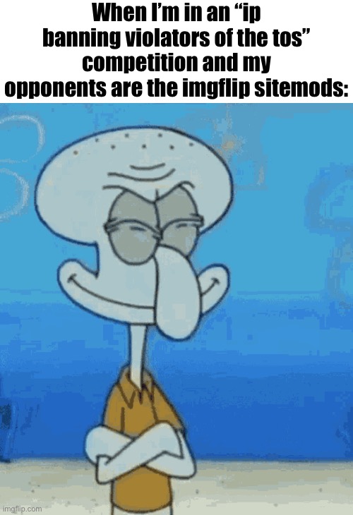 When I’m in an “ip banning violators of the tos” competition and my opponents are the imgflip sitemods: | made w/ Imgflip meme maker