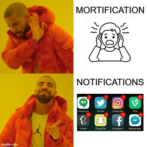 Mortification vs Notifications | MORTIFICATION; NOTIFICATIONS | image tagged in memes,drake hotline bling | made w/ Imgflip meme maker