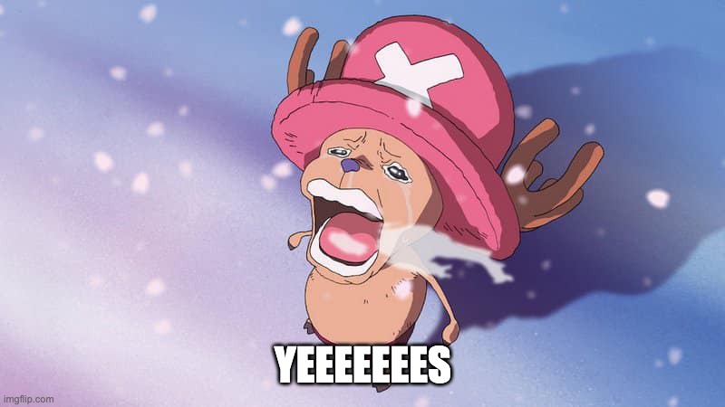 crying chopper one piece | yeeeeeees | image tagged in crying chopper one piece | made w/ Imgflip meme maker