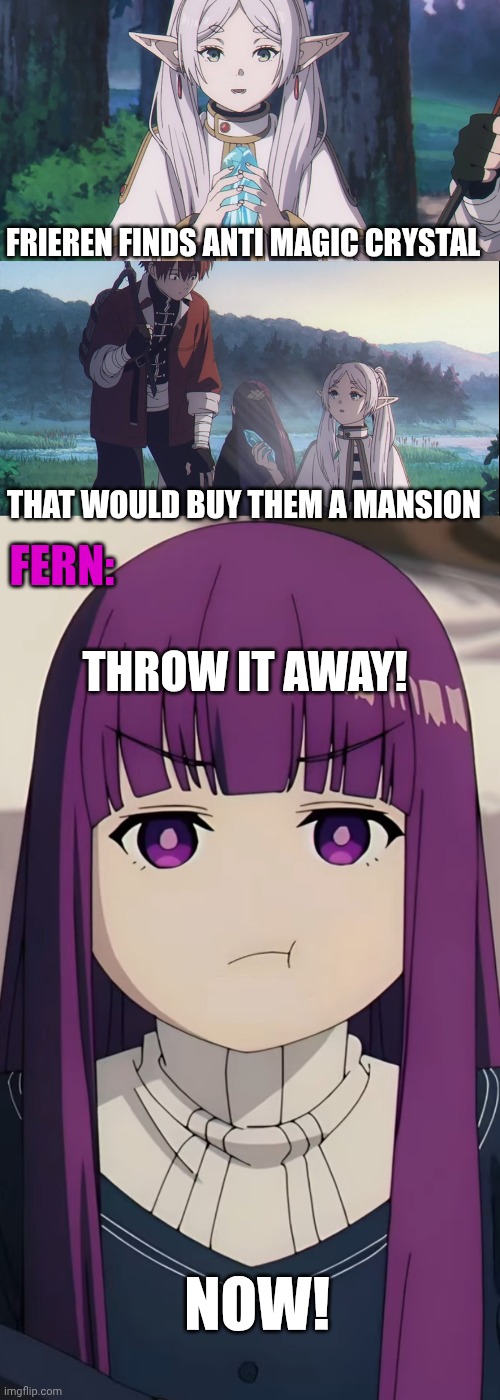 DON'T TAKE AWAY FERNS MAGIC | Frieren finds anti magic crystal; That would buy them a mansion; Fern:; Throw it away! Now! | image tagged in frieren,anime,anime memes,elf | made w/ Imgflip meme maker