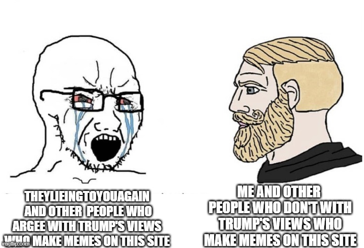Soyboy Vs Yes Chad | Theylieingtoyouagain  And Other  People WhO Argee With Trump's Views Who Make Memes on This Site Me And Other  People WhO DON'T With Trump's | image tagged in soyboy vs yes chad | made w/ Imgflip meme maker