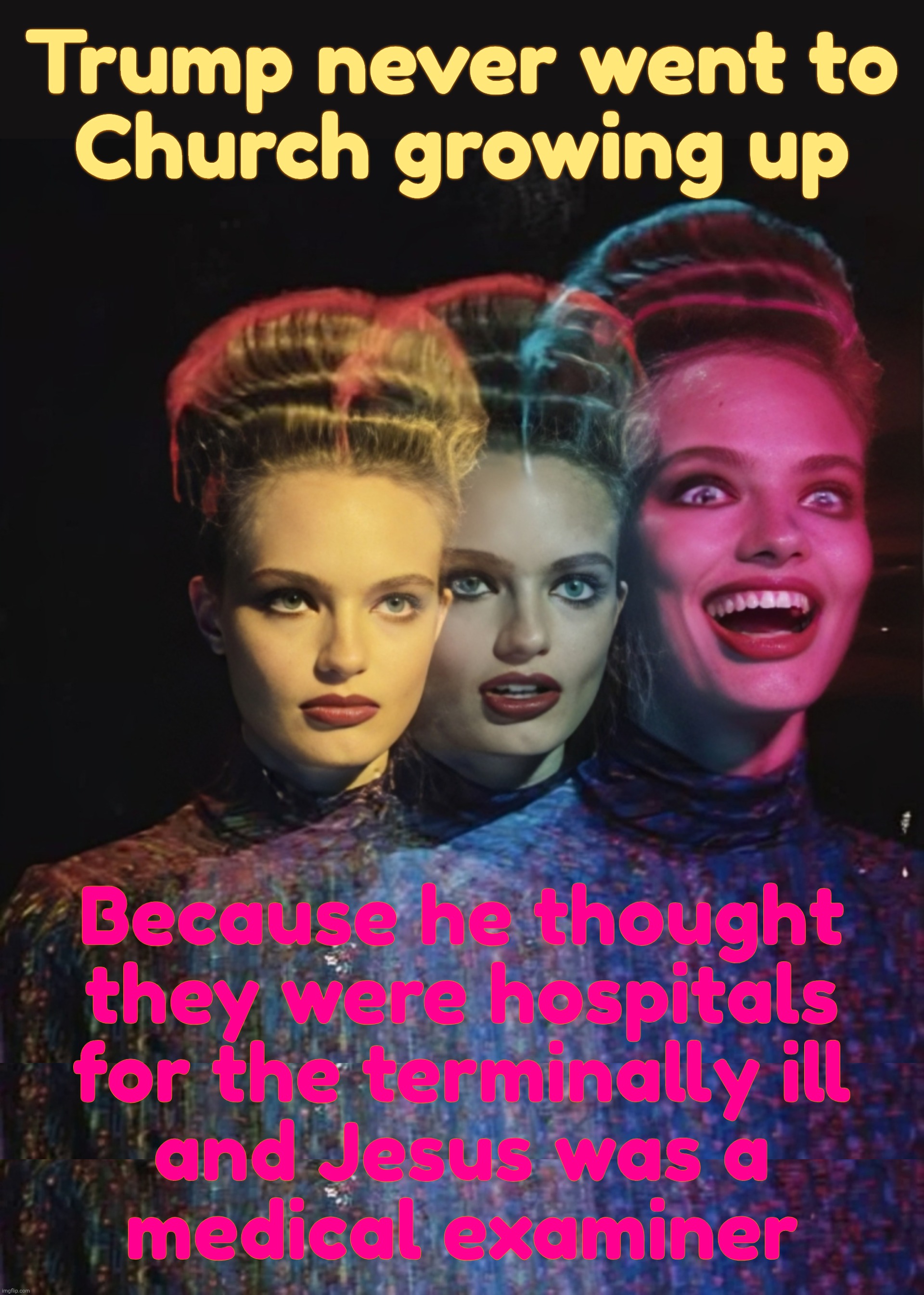 Trump never went to
Church growing up; Because he thought
they were hospitals
for the terminally ill
and Jesus was a
medical examiner | image tagged in hardy har har ii | made w/ Imgflip meme maker