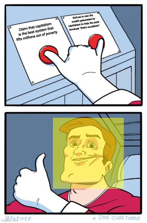 Libertarian capitalist ideology is promoted by corrupt elitist scum who want to control people and feel like gods | Refuse to use the wealth generated by capitalism to help the poor because "that's socialism"; Claim that capitalism is the best system that lifts millions out of poverty | image tagged in both buttons pressed,capitalism,libertarianism,political compass,elitist | made w/ Imgflip meme maker