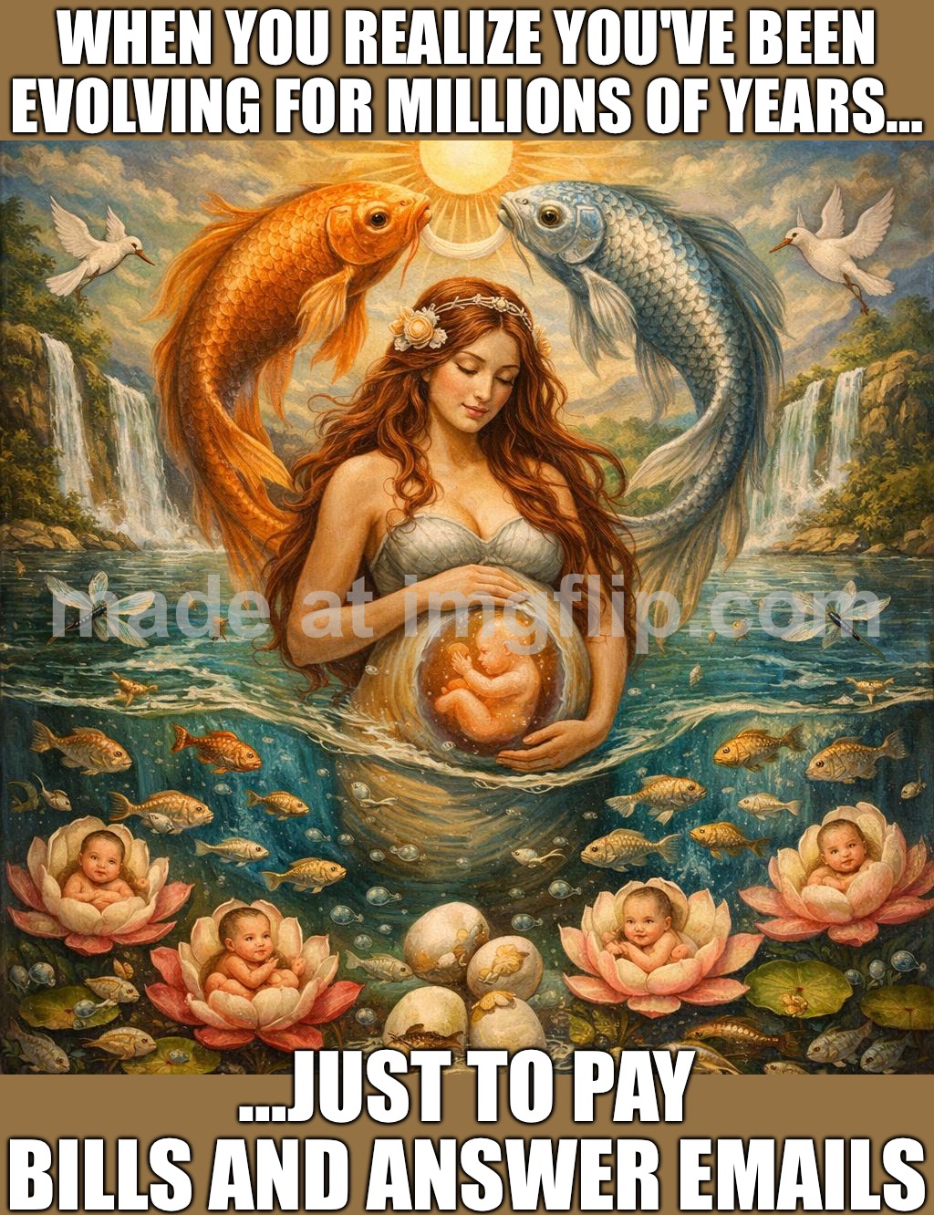 WHEN YOU REALIZE YOU'VE BEEN EVOLVING FOR MILLIONS OF YEARS…; …JUST TO PAY BILLS AND ANSWER EMAILS | WHEN YOU REALIZE YOU'VE BEEN EVOLVING FOR MILLIONS OF YEARS…; …JUST TO PAY BILLS AND ANSWER EMAILS | image tagged in fish,emails,adulting,bills,evolution,human evolution | made w/ Imgflip meme maker