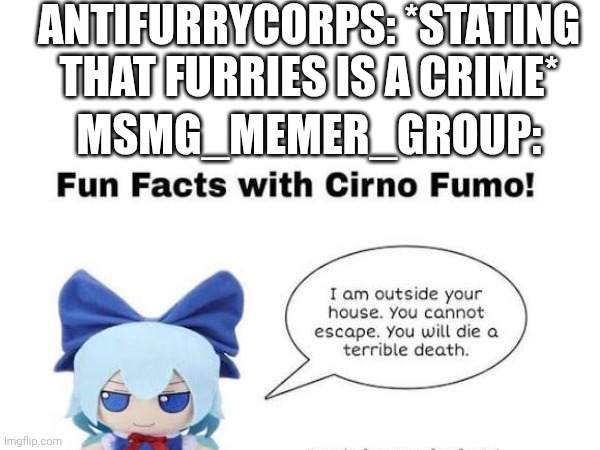 for the furries who posts and comments on the antifurrycorps stream | ANTIFURRYCORPS: *stating that furries is a crime*; MSMG_memer_group: | image tagged in touhou,cirno,meme,anti-furry | made w/ Imgflip meme maker