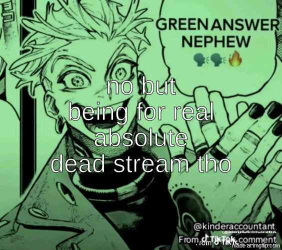 green answer nephew | no but being for real absolute dead stream tho | image tagged in green answer nephew | made w/ Imgflip meme maker