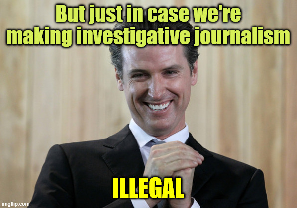 Scheming Gavin Newsom  | But just in case we're making investigative journalism ILLEGAL | image tagged in scheming gavin newsom | made w/ Imgflip meme maker