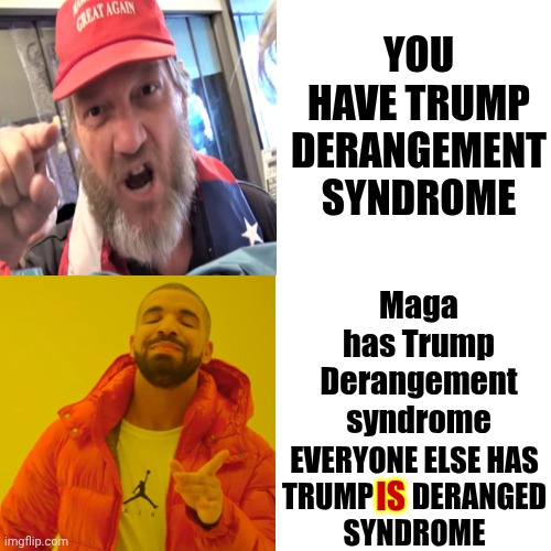 Deranged People R Unable 2 Think Normally. They Live N A Chaotic, Wild, Or Unbalanced Mental State, SEPARATING THEM FROM REALITY | You have Trump derangement syndrome; Maga has Trump Derangement syndrome; is; Everyone else has
Trump IS deranged
syndrome | image tagged in memes,drake hotline bling,trump derangement syndrome,trump is deranged syndrome,impeach trump,lock him up | made w/ Imgflip meme maker