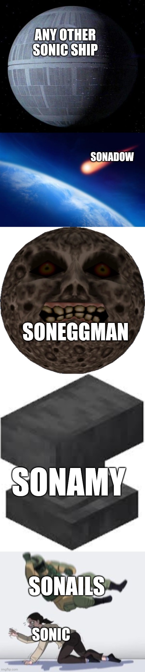 Sonic fandom be like: | any other sonic ship; SONADOW; Soneggman; Sonamy; sonails; Sonic | image tagged in death star,meteorite,lunar,minecraft anvil,normal conversation | made w/ Imgflip meme maker