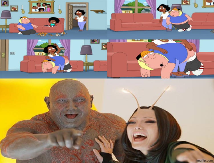 Drax and Mantis Laughing at Donna Spanks Chris | image tagged in drax and mantis laughing at what,family guy,disney,marvel,deviantart,deviantart week | made w/ Imgflip meme maker