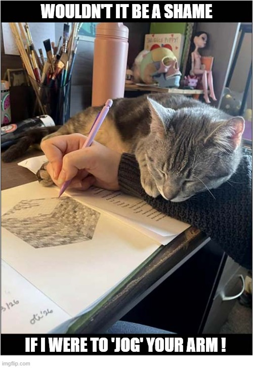 A Cat's Evil Thoughts ! | Wouldn't It Be A Shame; if I Were To 'Jog' Your Arm ! | image tagged in cats,evil cat,jogging,art | made w/ Imgflip meme maker